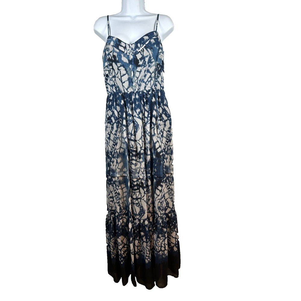 Betsey Johnson Size 6 Maxi Dress Womens Tie Dye Deep V Blue White Sweetheart